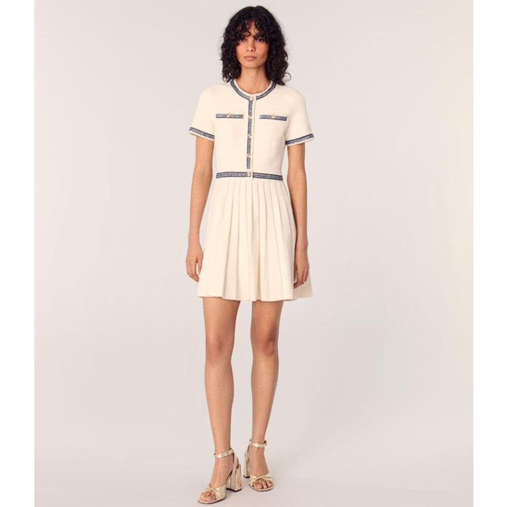 MAJE Women's Pleated Knit Mini Dress Size FR 36/US 6 In Ecru